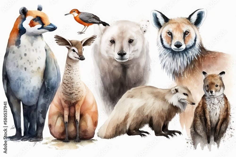 Poster Animal set. A painting in watercolor on white. Generative AI