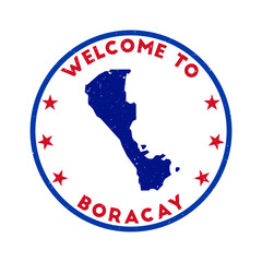 Obraz premium Welcome to Boracay stamp. Grunge island round stamp with texture in Super Rose Red color theme. Vintage style geometric Boracay seal. Neat vector illustration.