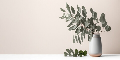 Beautiful eucalyptus flower in ceramic vase on table with white background. Copy space. Generative AI