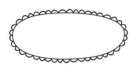 Doodle circle oval scalloped frame. Hand drawn scalloped edge ellipse shape. Simple round label form. Flower silhouette lace frame. Vector illustration isolated on white background.