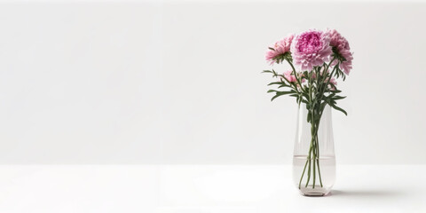 Pink blossom flower in glass vase on table with white background. Copy space. Generative AI