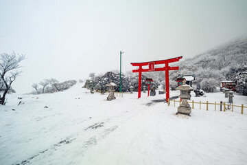 The shrine on the top of snowy mountain