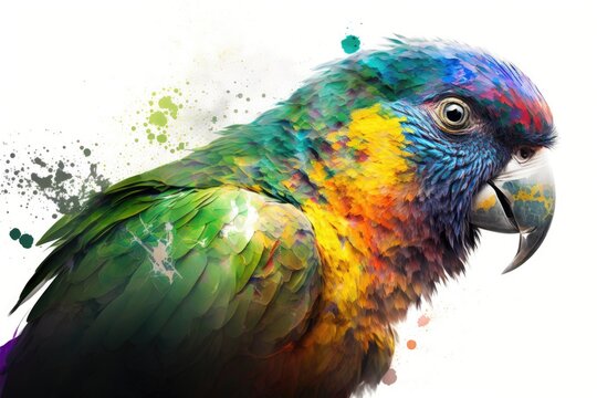 Paintography. Close up portrait of a beautiful tropical parrot with double exposure, blending into a colorful painting on a white background. Generative AI