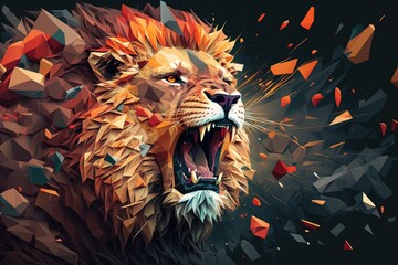 explosion low polygon lion geometric pattern. a color filter for water. LION ANGRY. Generative AI
