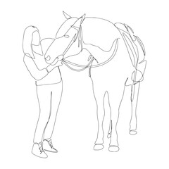 Fototapeta na wymiar Continuous drawing in one line. The girl on the horse. Black and white vector illustration. Concept for logo, postcard, banner, poster, flyer. Vector illustration