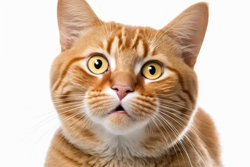 Obraz premium Ginger cat licking its lips and looking at the camera on a white background, front view. Generative AI