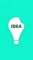 a white bitten light bulb with the inscription idea on a blue background. teeth marks stealing an idea. plagiarism. copying other people's works. Vertical image. 3D image. 3D rendering.