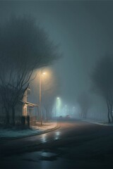 Fototapeta na wymiar car driving down a street on a foggy night. generative ai.