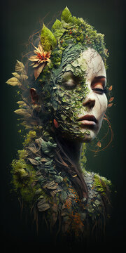 Dryad Woman made of plants and vegetation. Earth day, ecology illustration generative ai