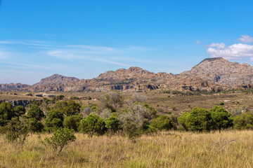 Isalo National Park in Ihorombe Region. Wilderness landscape with water erosion into rocky outcrops, plateaus, extensive plains and deep canyons. Beautiful Madagascar panorama landscape.