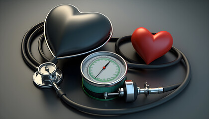 Fototapeta na wymiar Sphygmomanometer with heart and stethoscope. Generative Ai