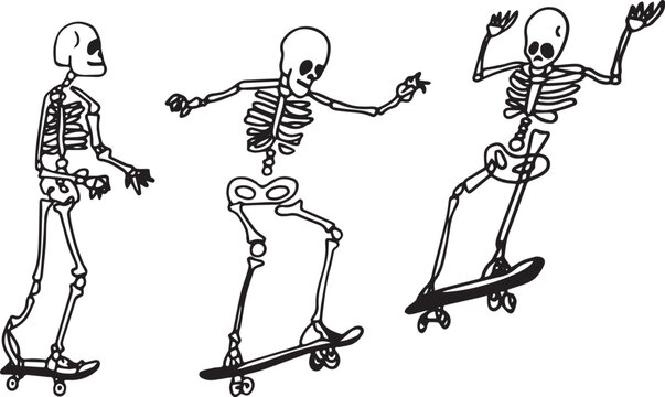 Vector image of a drawing of a Skeleton jumping on a skateboard, transition of images, street art, funny and strange at the same time. Ideal for prints for t-shirts, stickers, covers, cups, wallpapers