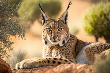 The Iberian Lynx (Lynx pardinus) is a wild cat species that lives only on the Iberian Peninsula in southwestern Europe. An animal in the wild in Andujar, Spain. Scenes of Europe's wildlife and nature - obrazy, fototapety, plakaty