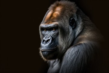 Obraz premium Portrait of a silverback male gorilla on a black background. This is the most dangerous and largest monkey in the world, the great ape. The leader of a family of gorillas. APE. Generative AI