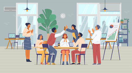 Multiracial business team in the office celebrates successful project  flat vector illustration. Cheerful colleagues congratulate each other, applauding, giving hight five. Office interior.