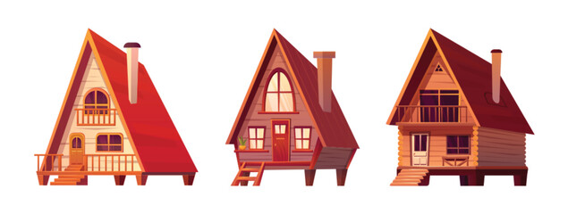 Cabins, wooden houses in forest, mountain village or camp. Small log cottages, huts with chimney, porch and stairs isolated on white background, vector cartoon illustration