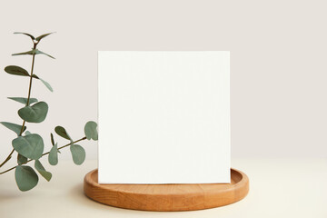 Blank Greeting Card, Invitation Mockup. Front view Eucalyptus Plant, Modern Wooden Plate, Boho...