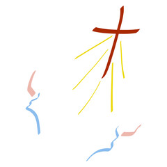 female hands raised to the shining Christian cross, faith and grace, colorful abstract sketch