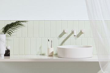 3D render an empty beige vanity counter with ceramic washbasin and modern style faucet in a bathroom with morning sunlight and shadow. Blank space for products display mockup. Background, Wall tiles.