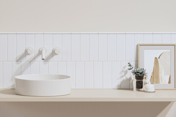 3D render an empty beige vanity counter with ceramic washbasin and modern style faucet in a bathroom with morning sunlight and shadow. Blank space for products display mockup. Background, Wall tiles.