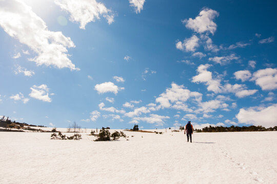 Rear view of hiker standing on snow covered field against cloudy sky