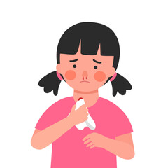Sick girl child with a nosebleed in flat design. Nose bleeding symptom.