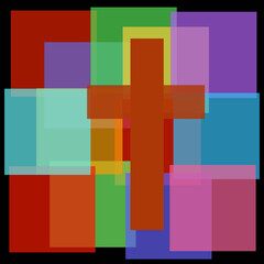 Christian cross on a background of translucent multicolored squares with a black substrate