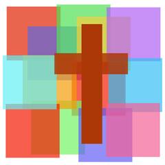 Christian cross on a background of translucent colored squares with a white backing