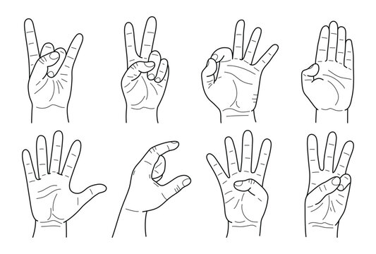 Hands gestures hand drawn set stroke outline logo graphic art design isolated on white background. Vector.