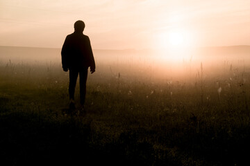 Silhouette man standing on field during sunset
