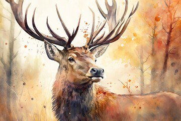 Portrait of a powerful adult red deer stag in the fall forest, done in watercolor. Generative AI