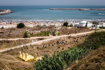 High angle view of cemetery by sea