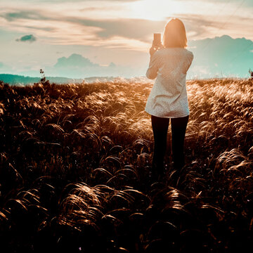 Rear view of woman photographing with smart phone while standing on field during sunset