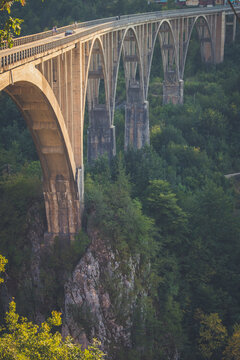 High angle view of Durdevica Tara Bridge over forest