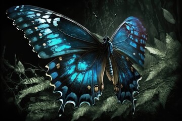 Fototapeta na wymiar Butterfly Blue Black. Butterfly is a digital painting made with watercolors. A beautiful picture of a butterfly in the forest, done as a painting. Wallpaper with abstract paintings of endangered anima