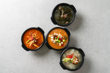 Korean food dish Kimchi stew 김치찜 Braised Spicy Chicken 닭볶음탕 soy bean paste soup 된장찌개