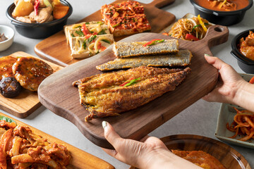 Korean food dish  Braised Tofu 두부조림 가자미 고등어 갈치 생선구이 Flounder mackerel cutlassfish grilled fish