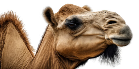 Generative AI realistic illustration of side view of calm brown camel against white background