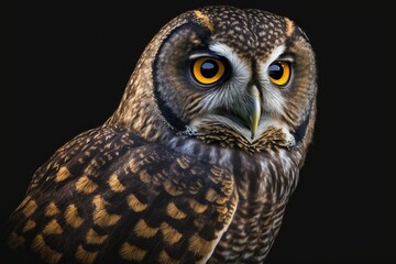 Fototapeta premium On a black background, a close up of a Great Spotted Owl. Detail bubo bubo. Black background with an owl. Generative AI