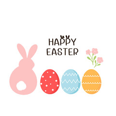 Happy Easter with pink rabbit cartoon, Easter eggs, pink flower and hand written fonts isolated on white background vector illustration.