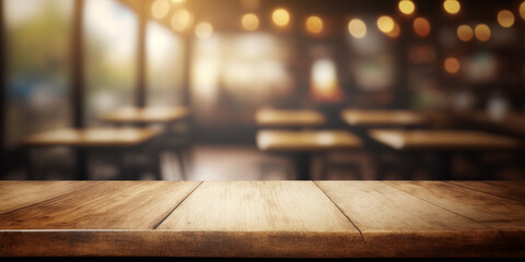 AI generated picture of wooden counter in spacious cafeteria with square shaped tables and panoramic windows