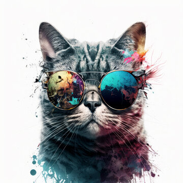 Generative AI illustration of creative adorable cat with trendy sunglasses against white background