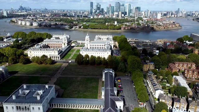 Panoramic overview shot of London, United Kingdom, shot from the greenwich corner of the Thames. 