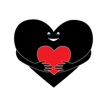 Care emoji face emoticon with large open glossy eyes hugging a red heart with both hands showing care, support, and presence Valentine's Day Vector Card tattoo