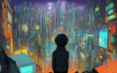 A child overlooking a dense urban cyberpunk cityscape. Generative AI creation.