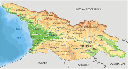 Obraz premium Highly detailed Georgia physical map with labeling.