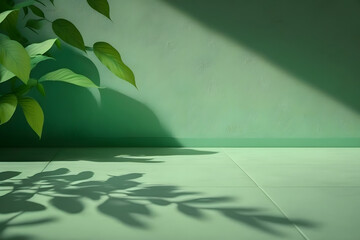 Green floor and wall with leaves, light and shadow background for copy space, design, mockup, template, product showcase