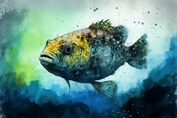 Fish in aquarium in blue and yellow colors created with Generative AI technology