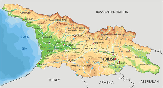 Highly detailed Georgia physical map with labeling.