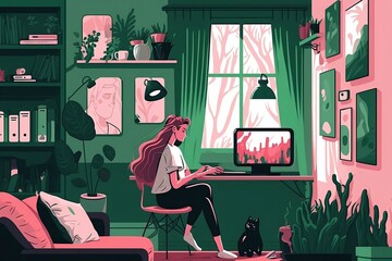 Girl works at home with laptop. Freelancer. Remote work created with Generative AI technology
